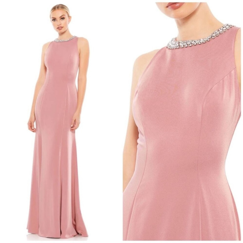 Ieena Mac Duggal 49093 Pink Embellished Crystal Neck Trumpet Long Maxi Gown Sz 6
